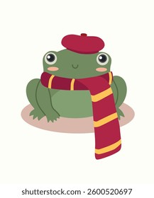 Flat Design Illustration with Lazy Frog wearing Beret and Scarf
