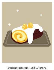 Flat Design Illustration with Lemon Roll Cake with Vanilla Cream on a plate