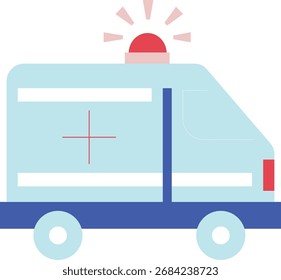 Flat design illustration of a light blue ambulance with a red flashing light on top, isolated on transparent background