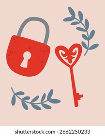 Flat Design Illustration with Lock and Key at Doodle Style