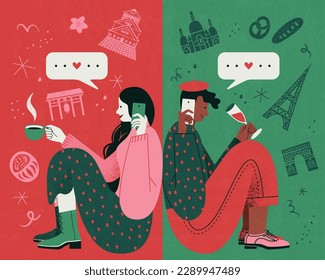 Flat design illustration of long distance relationship couple keep in touch with each other through phone.