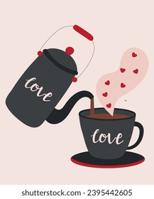 Flaches Design Illustration mit Love Kettle und Coffe