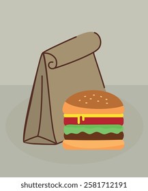  Flat Design Illustration with Lunch and Hamburger