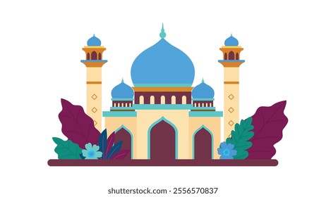 Flat Design Illustration of Luxury Islamic Mosque Heritage Building with Floral Flower Plant