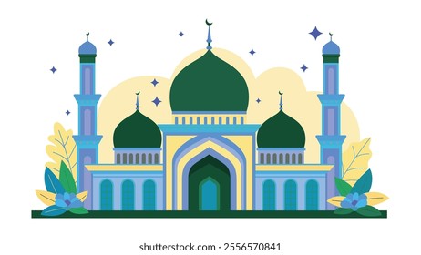 Flat Design Illustration of Luxury Islamic Mosque Heritage Building with Floral Flower Plant
