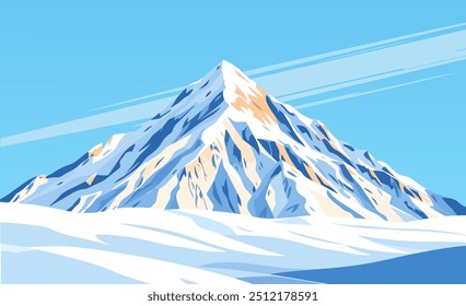 Ilustração de design plano de um majestoso pico de montanha coberta de neve contra um céu azul claro