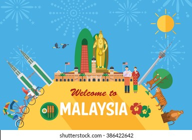 Flat design, Illustration of Malaysia's landmarks and icons 