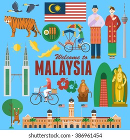 Flat design, Illustration of Malaysia's landmarks and icons