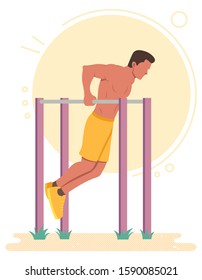 Flat design illustration with male character doing dips on parallel bars outdoors, on a hot summer day.