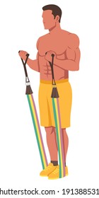 Flat design illustration with male character working out with resistance bands.