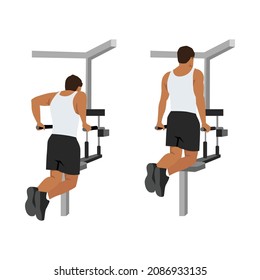 Flat design illustration with male character doing dips on parallel bars in the gym