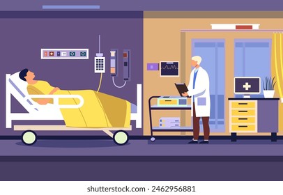 Flat Design Illustration of Male Doctor Check Patient Health in Hospital Inpatient Room