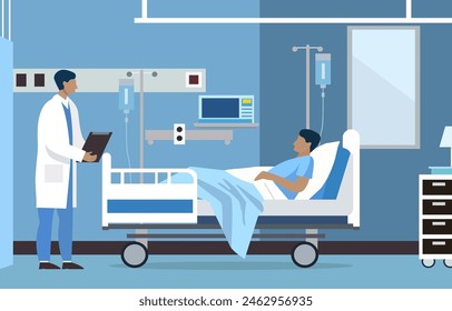 Flache Design-Illustration des männlichen Arztes überprüfen die Gesundheit des Patienten im stationären Krankenhauszimmer