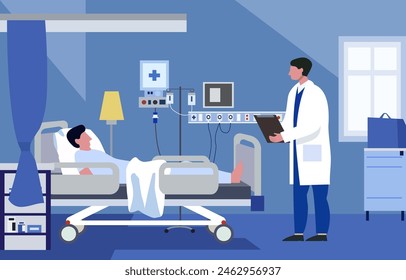 Flat Design Illustration of Male Doctor Check Patient Health in Hospital Inpatient Room