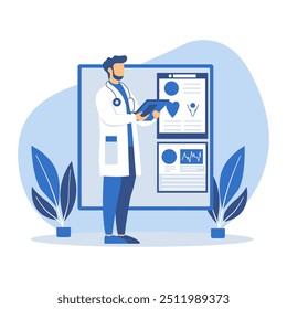Ilustração de Design Plano de Médico Masculino Analisando Dados com Infográfico na Tela