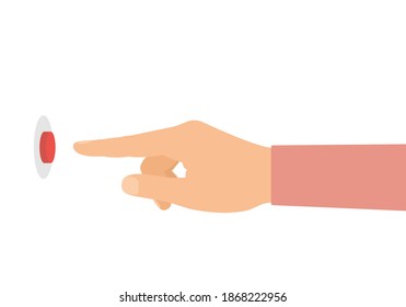 Flat design illustration of male or female hand. The index finger presses the red doorbell button on the wall. Isolated on white background - vector