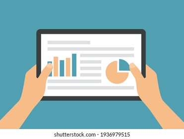 Flat design illustration of male or female hand holding a touch screen tablet. Financial or business report with chart on green background - vector