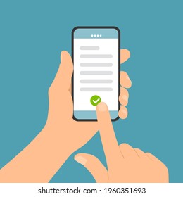 Flat design illustration of male hand holding touch screen mobile phone. Confirms the display terms or license - vector