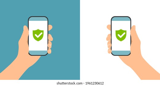 Flat design illustration of male hand holding phone secured and protected by antivirus application - vector