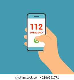 Flat design illustration of male hand holding touch screen mobile phone. Push button call number 112 emergency - vector