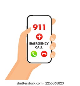 Ilustración de diseño plano de la mano masculina que sostiene el smartphone. Llamada de emergencia al número de teléfono 911. Mensaje SOS en el teléfono. Primeros auxilios. Llama al smartphone de la pantalla. Ilustración del vector