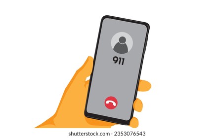 Flat design illustration of male hand holding smartphone. Emergency call to the phone number 911 - vector