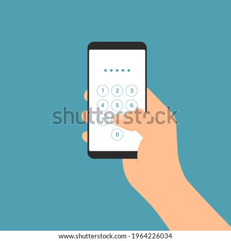 Flat design illustration of male hand holding mobile phone. Enters the PIN code on the numeric keypad of the touch screen - vector
