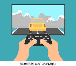 Ilustración de diseño plano de manos masculinas, equipo de tv y controlador de juegos. Jugador jugando al videojuego de carreras de coches - vector