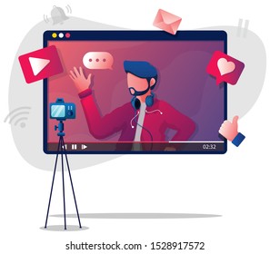 Flat Design Illustration With Male Vlogger Or Influencer, Recording New Video.