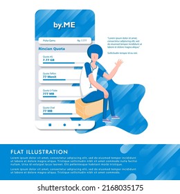 Flat design illustration of a man with afro hair sitting on a box showing mobile app on the back 