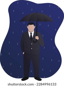 Flat design illustration of a man in a black suit expressionless carrying an umbrella in the rain at night. People carrying umbrellas, people in the rain, rain photos, web design, rainy season