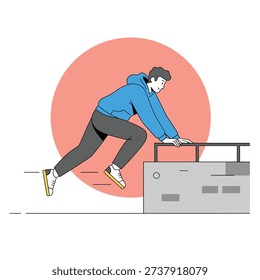 A flat design illustration of a man in a blue hoodie performing a parkour vault over a concrete ledge