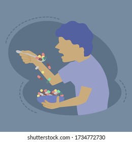 flat design illustration man eating a lot of medical pills. Concept for awareness of over usage of drugs and irrational use of medicines such as inappropriate self-medication. svg
