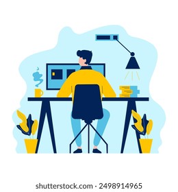 Flat Design Illustration of Man Entrepreneur Working with Computer at Office