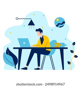 Flat Design Illustration of Man Entrepreneur Working with Laptop at Office