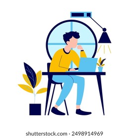 Flat Design Illustration of Man Entrepreneur Working with Laptop at Office