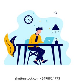 Flat Design Illustration of Man Entrepreneur Working with Laptop at Office