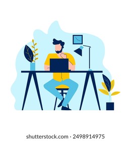 Flat Design Illustration of Man Entrepreneur Working with Laptop at Office