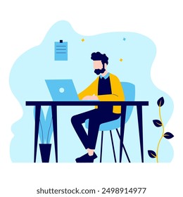 Flat Design Illustration of Man Entrepreneur Working with Laptop at Office