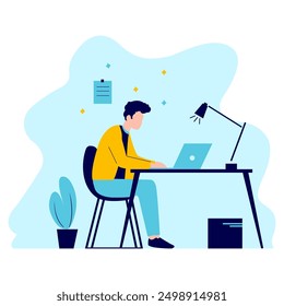 Flat Design Illustration of Man Entrepreneur Working with Laptop at Office