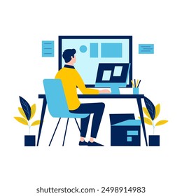 Flat Design Illustration of Man Entrepreneur Working with Computer at Office