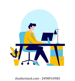 Flat Design Illustration of Man Entrepreneur Working with Computer at Office