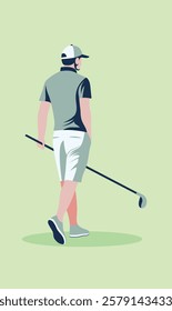 Flat Design Illustration of Man Golfer Player Character Walking Holding Golf Stick