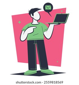 Flat design illustration of a man holding a laptop while viewing an incoming message. The minimalist design highlights digital interaction with modern notification icons