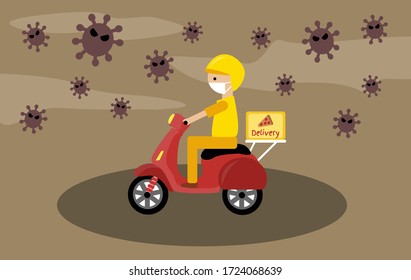 Flat design illustration. A man on his bike is working during Corona virus epidemic.