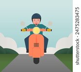 Flat design illustration of a man riding a scooter motorbike. Outdoor activity, leisure, vacation, road trip. Colorful vector art for website, social media, etc.