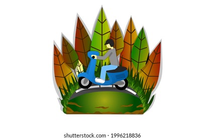 Flat design illustration a man is riding a motorbike through the trees.