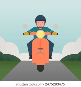 Flat design illustration of a man riding a scooter motorbike. Outdoor activity, leisure, vacation, road trip. Colorful vector art for website, social media, etc.