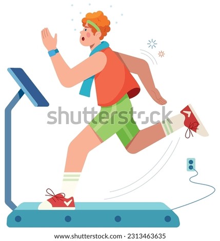 Flat design illustration of man running on treadmill and isolated on white background.