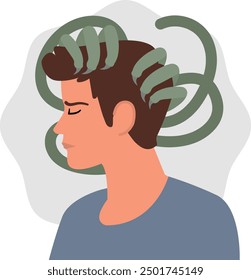 Flat design illustration of a man with a sad expression, depicting mental health struggles, with anxiety symbolized as tentacles wrapping around his head. Ideal for topics related to mental health.